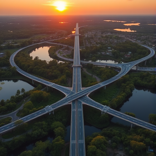 Aerial landscape of a highway interchange surrounded by lush greenery and water bodies at sunset, captured with a drone camera, 24mm lens, aperture f/8, ISO 100, shot in HDR style for enhanced detail and color vibrancy.