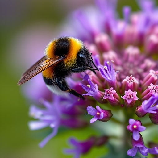 A close-up photograph of a bumblebee pollinating vibrant purple flowers, taken with a DSLR camera at f/2.8 aperture, 1/400 shutter speed, ISO 200, using a macro lens, soft-focus background, natural lighting.