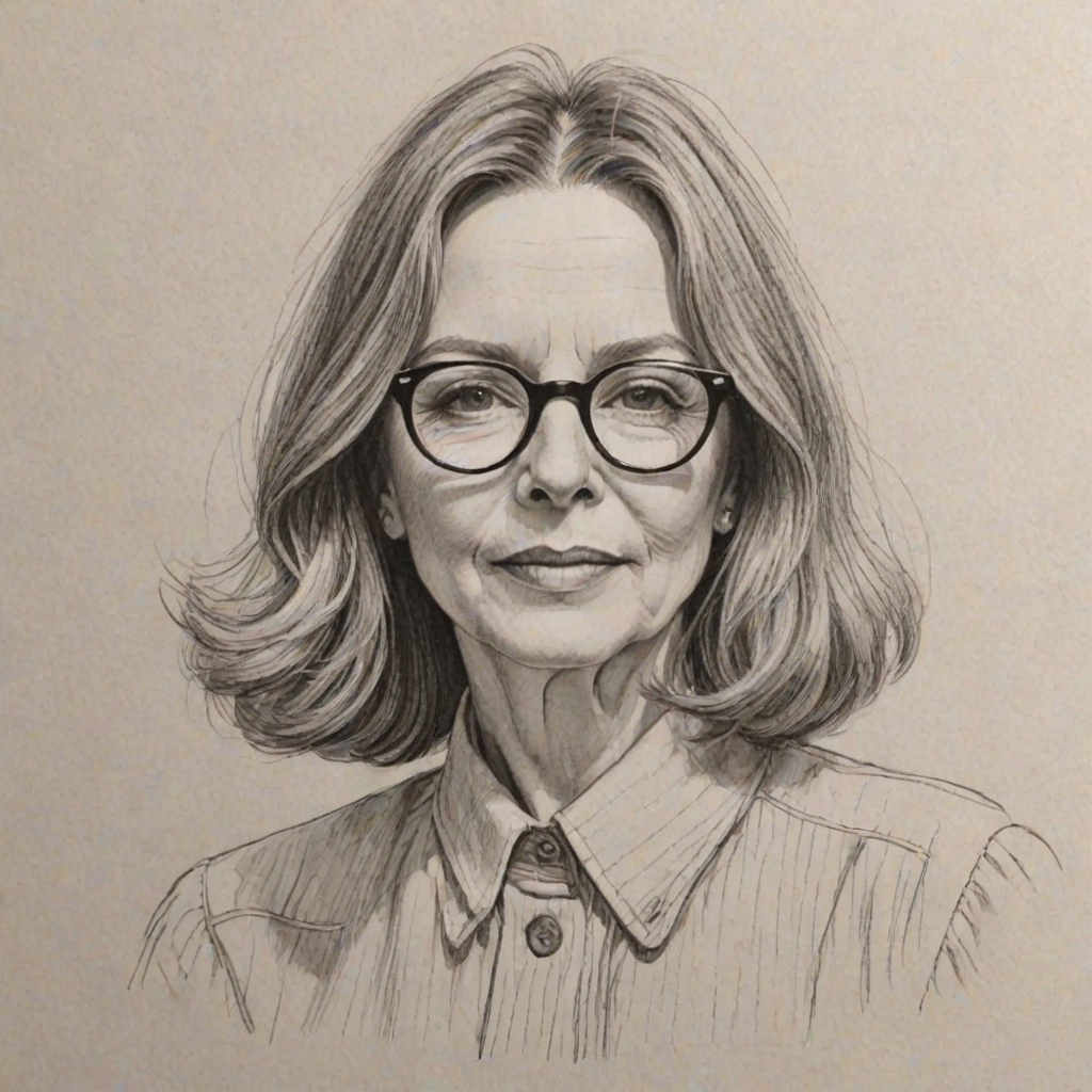 Ravishing Diane Keaton, pencil sketch, portrait of Ravishing woman 1939s in glasses, hair style beatnik, outline, clear lines, fine lines, 8k