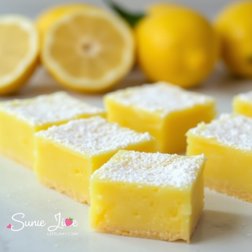 A close-up of yellow lemon squares dusted with powdered sugar on a light surface with fresh lemon slices in the background, showcasing a soft and fluffy texture of the dessert.