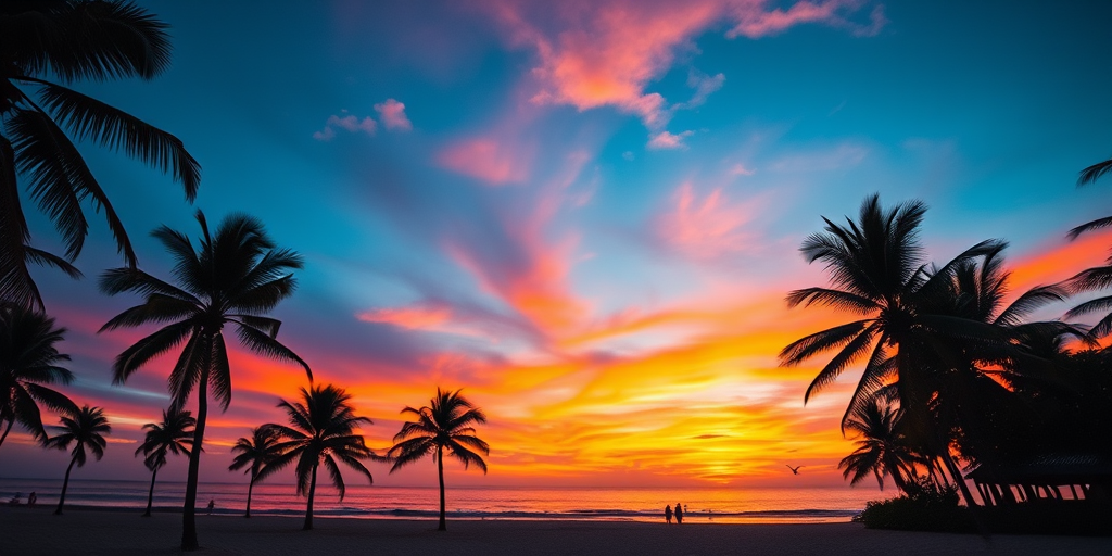 tropical sunset beach scene with silhouetted palm trees, circular framing, vibrant colors in the sky, soft focus, f/8 aperture, 24mm lens, ISO 100, shot with a Canon EOS R5, landscape orientation, natural light