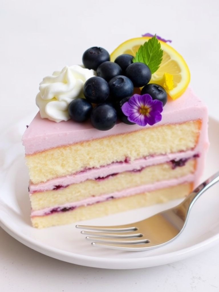A slice of layered cake with fluffy frosting blueberries and edible flowers on top served on a white plate with a fork beside it. The cake has three visible layers with a light yellow sponge and a purple filling. The top is decorated with a dollop of cream a slice of lemon and fresh blueberries.
