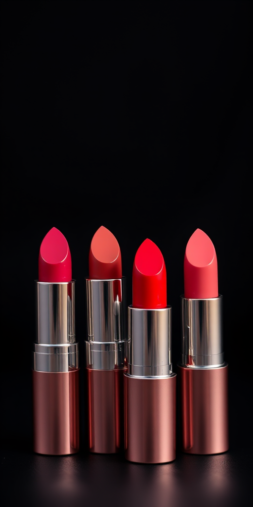 Create a high-resolution image of four lipsticks in a stylish arrangement on a dark background, using a DSLR camera with a 50mm lens, aperture set to f/1.8, ISO 100, and a shallow depth of field to enhance focus on the lipsticks while softly blurring the background.