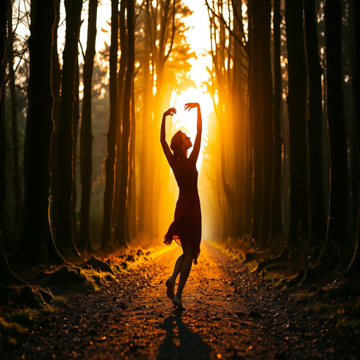 A serene forest pathway illuminated by soft golden light at dusk, featuring a graceful silhouette of a woman dancing with arms raised, surrounded by tall mossy trees, captured with a Canon EOS R5, 50mm lens, f/1.8, ISO 200, 1/125s, using a shallow depth of field to enhance background blur and focus on the subject.