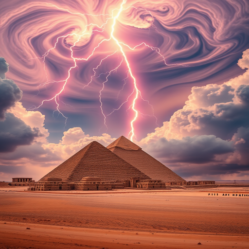 Create a high-resolution, dramatic scene of the pyramids of Giza surrounded by vibrant, swirling clouds with vivid lightning striking above, captured with a Canon EOS R5, ISO 200, f/8 aperture, 24mm lens, shot from a low-angle perspective for a powerful view.