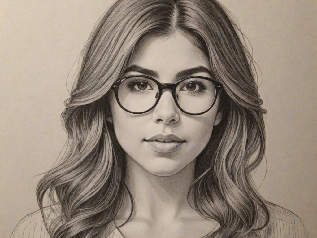 Enchanting Daniella Monet, pencil sketch, portrait of Appealing woman 1977s in glasses, hair style beatnik, outline, clear lines, fine lines, 8k