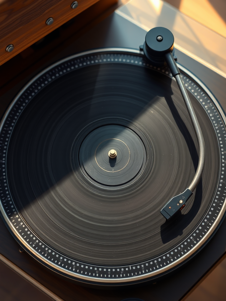 Create a high-resolution image of a vintage turntable from a top-down view, using a DSLR camera, aperture set to f/2.8, ISO 100, shutter speed 1/125s, natural lighting for enhanced detail and clarity.
