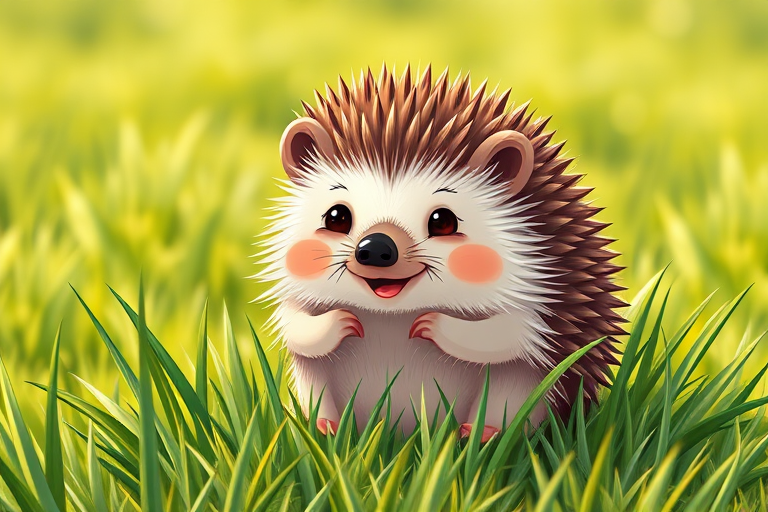 Create a highly detailed illustration of a cute hedgehog sitting on green grass with a cheerful expression, using a Canon EOS 5D Mark IV camera with an 85mm f/1.4 lens at f/2.8, 1/125 sec shutter speed, and ISO 200, in bright, soft natural light to enhance colors and textures.