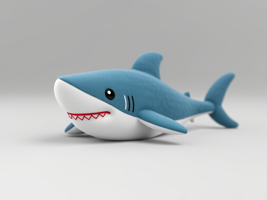 Create a highly detailed 3D render of a cute plush shark lying on a smooth surface, using a Canon EOS R5 camera at f/2.8 aperture, ISO 100, 85mm lens, with a shallow depth of field, soft lighting, and a neutral gray background to enhance the image quality.