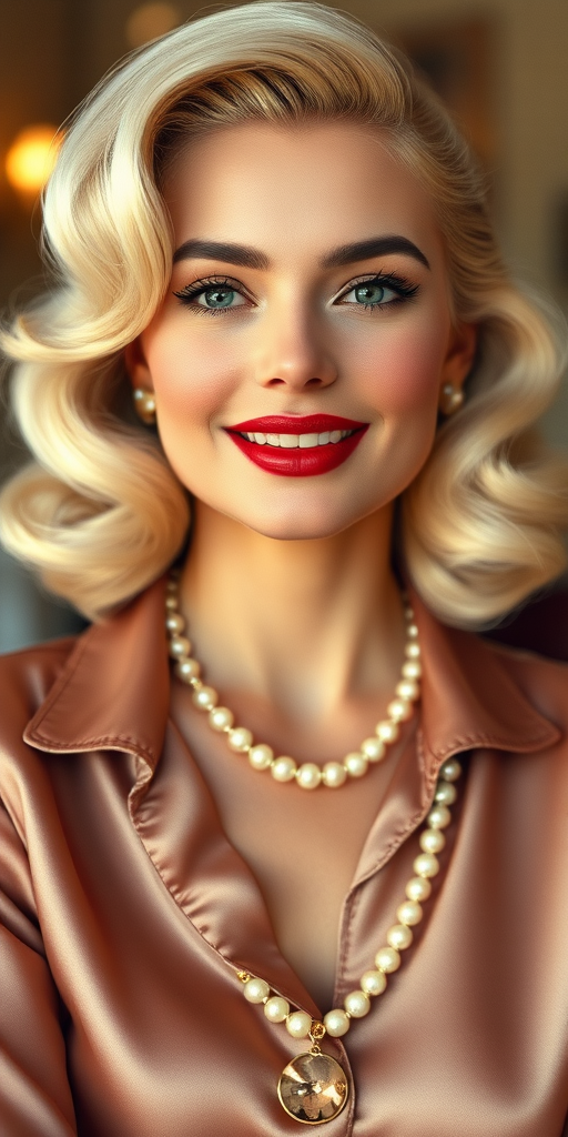 A beautiful woman reminiscent of 1950s Hollywood glamour, with perfectly styled blonde hair and a seductive smile, dressed in a satin blouse and adorned with pearls, soft and warm tones, photorealistic, 8K
