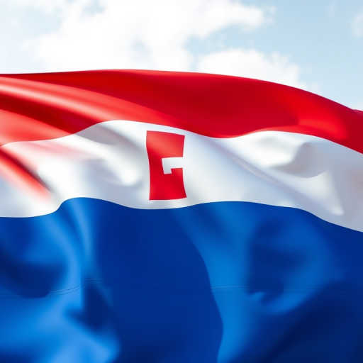 Create a high-resolution image of the Netherlands flag, using a DSLR camera with a 50mm lens, aperture set to f/8, ISO 100, and natural lighting with a slight vignette effect to enhance colors.