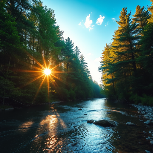 Create an image of a serene, sunlit forest scene with a clear, gently flowing river. Tall trees with lush green foliage line both sides of the river, their leaves bathed in the warm golden light of the setting or rising sun. The sunlight filters through the trees, casting soft, dappled light on the river, which flows over smooth rocks and pebbles, creating a peaceful, natural atmosphere. The sky is bright with a few scattered clouds, and the overall mood is tranquil, evoking a deep sense of connection with nature. The image captures the beauty of a calm, pristine forest landscape at either dawn or dusk.