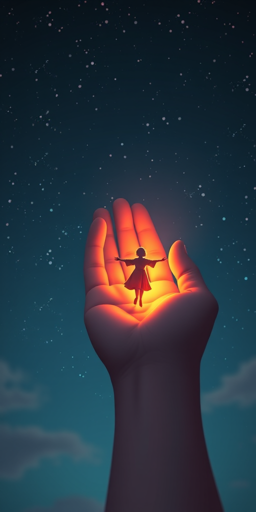 Render an illustration of a giant hand cradling a small figure in a starry night sky, with a focus on warm light emanating from the figure, captured with a Canon EOS 5D Mark IV at f/2.8, ISO 800, 50mm lens, with a soft focus effect and vibrant color saturation.