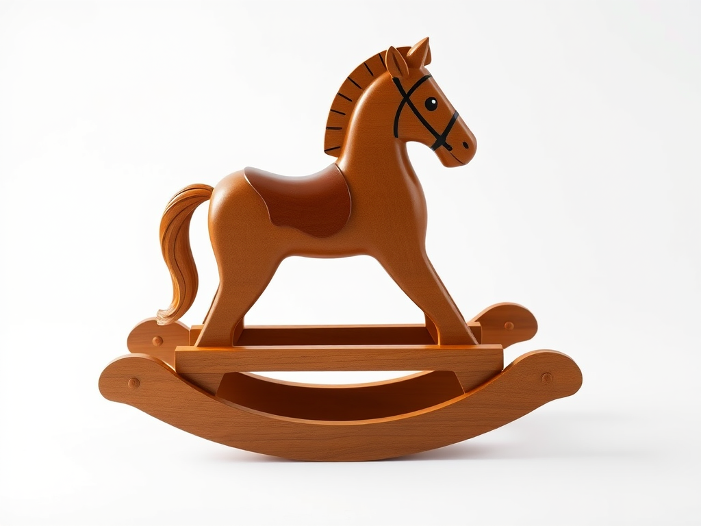Create a digital illustration of a wooden rocking horse with a glossy finish, positioned on a clean white background, using a Canon EOS 5D Mark IV with a 50mm f/1.8 lens, aperture set to f/2.8, shutter speed at 1/200s, and ISO 100, with a soft focus effect to enhance depth and detail.