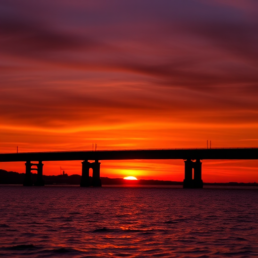 sunset over a bridge silhouetted against an orange and purple sky with calm water in the foreground, ISO 100, f/8, 1/200s, wide-angle lens, DSLR camera, HDR style