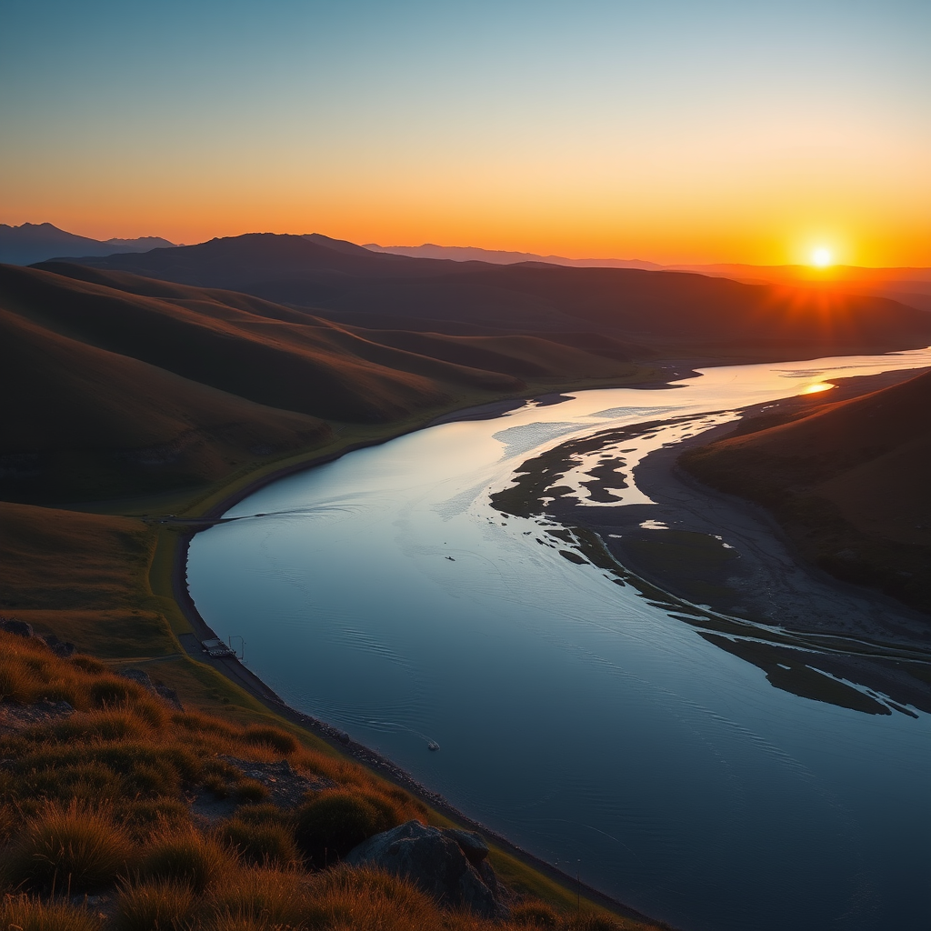 Generate an image of a serene landscape at sunrise with rolling hills and a calm river, using a DSLR camera with a 50mm lens, aperture f/1.8, ISO 100, shutter speed 1/200s, capturing a wide-angle view in vibrant colors and high dynamic range.