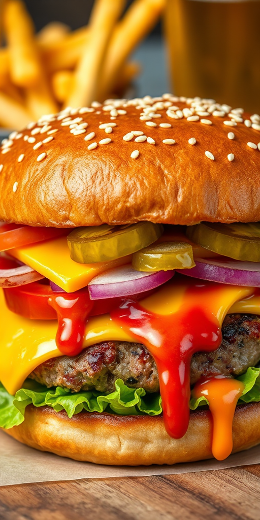 High-resolution, close-up image of a gourmet double cheeseburger. The burger features a glossy, sesame-seed-topped brioche bun. Inside, there are two thick, juicy beef patties, each topped with melted cheddar cheese. The burger is garnished with fresh lettuce, tomato slices, diced onions, and pickles. A generous amount of ketchup and a creamy, orange-colored sauce is dripping down the sides, adding to the mouth-watering appeal. In the background, there are blurred elements including a side of golden French fries and a hint of a beverage, enhancing the overall presentation of a delicious meal.