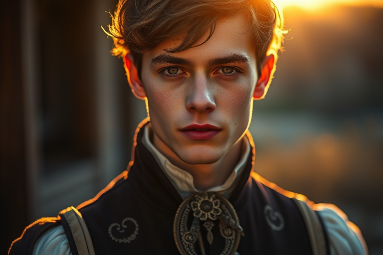 A portrait of a young man in 19th-century attire with intricate details, softly lit by golden hour sunlight, captured with a Canon EOS R5, 85mm lens, at f/1.4, ISO 100, with a shallow depth of field to create a dreamy background effect.