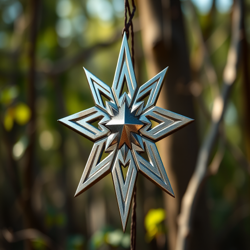 Create a high-resolution image of a stylized silver ninja star, captured with a Canon EOS R5, 50mm lens, f/2.8 aperture, ISO 100, natural lighting, and a slight vignette effect for depth.