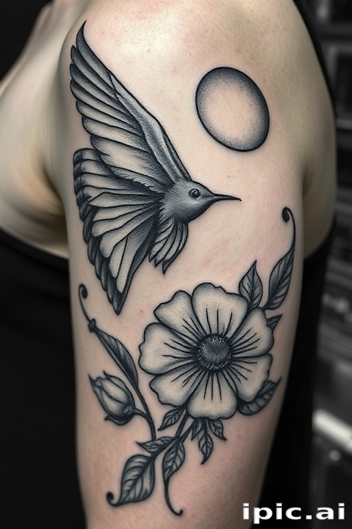 Etching-style tattoo named "Engraved Memories" featuring fine crosshatching and stippling techniques to create highly detailed black and white imagery with a vintage aesthetic