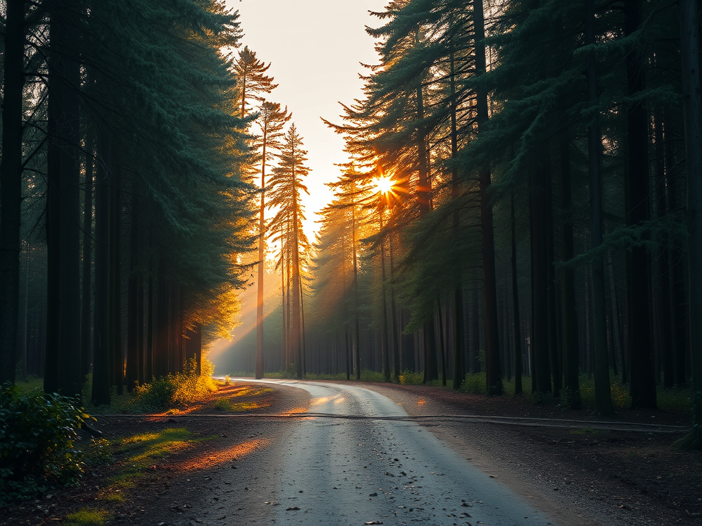 Generate a high-resolution image of a serene forest landscape during golden hour, using a Canon EOS R5 with an 85mm f/1.2 lens, aperture set to f/2.8, ISO 100, shutter speed 1/200 sec, capturing a wide-angle view, soft lighting, and enhanced color saturation.