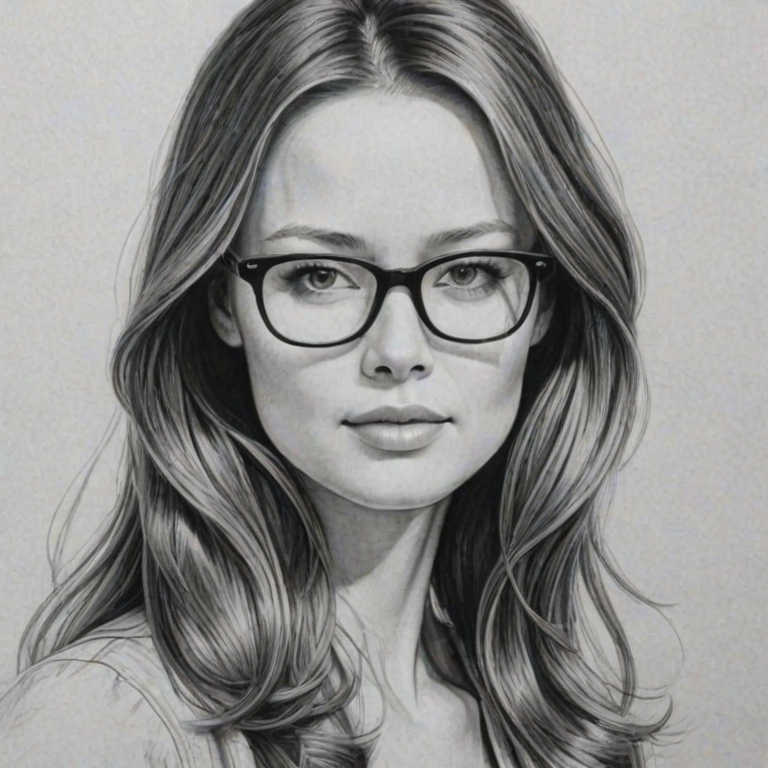 Enticing Summer Glau, pencil sketch, portrait of Alluring woman 1948s in glasses, hair style beatnik, outline, clear lines, fine lines, 8k