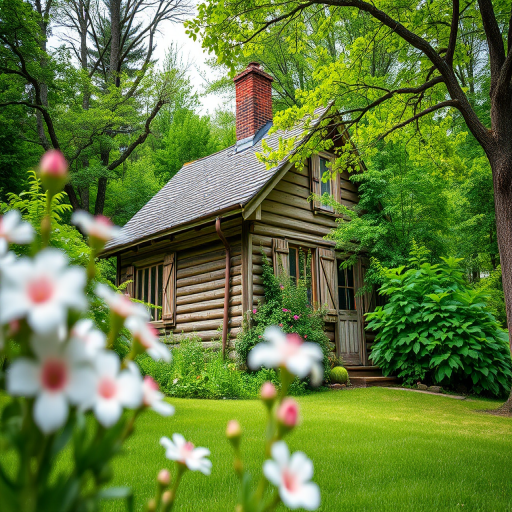 a weathered wooden house surrounded by lush greenery and blooming flowers in the foreground, taken from a low angle with a wide aperture to create a shallow depth of field, using a full-frame DSLR camera at 35mm, f/2.8, ISO 100, natural daylight for soft lighting