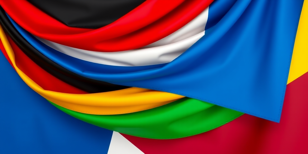 Create a high-resolution vector image of intertwined flags featuring the colors blue, black, white, red, green, yellow, and maroon, using a Canon EOS 5D Mark IV with a 50mm f/1.8 lens, ISO 100, aperture f/8, and a clear, frontal view for vibrant color reproduction and sharp details.