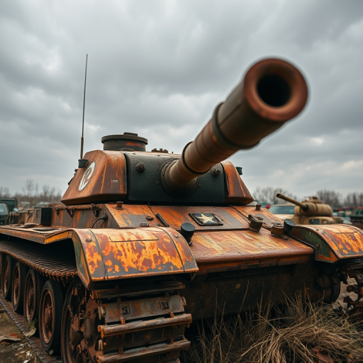 capture a close-up of a rusty tank in a military junkyard under overcast sky with focus on details of the tank, using a Canon EOS R5, 50mm lens, aperture f/2.8, ISO 100, shutter speed 1/200s, natural light for enhanced texture and depth