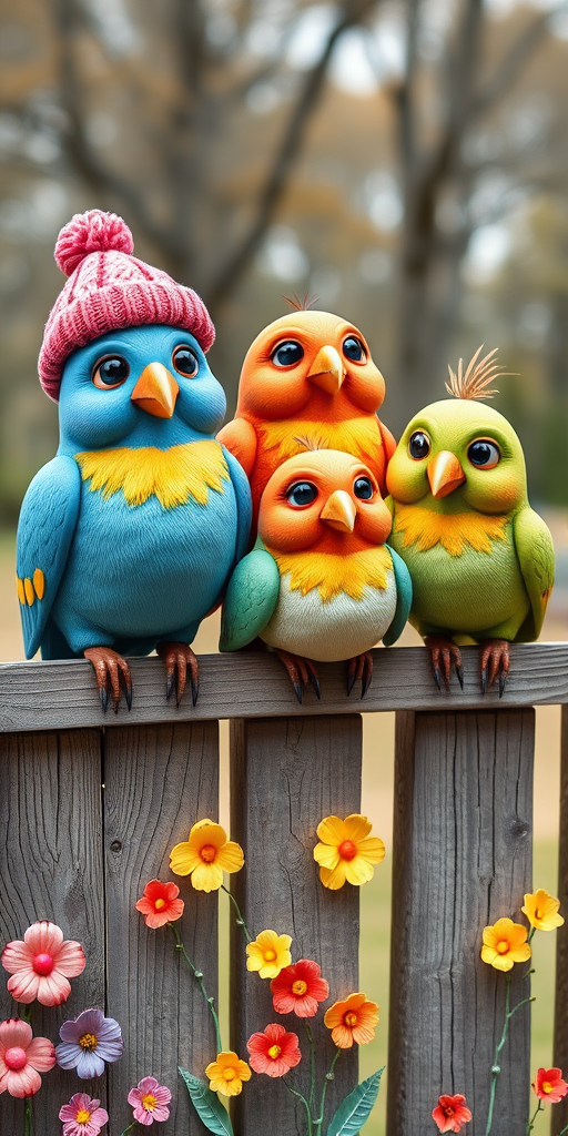 create a scene of 4 quirky  whimsical colourful comical birds each with a funny expression. they are sat on a wooden fence with colourful flowers. they are all different sizes. each one is a different colour  one is wearing a woolly hat. Each one has a different quirky google expression and there is a muted background of trees watercolour paintierly style high definition 8k resolution 3D paper mache