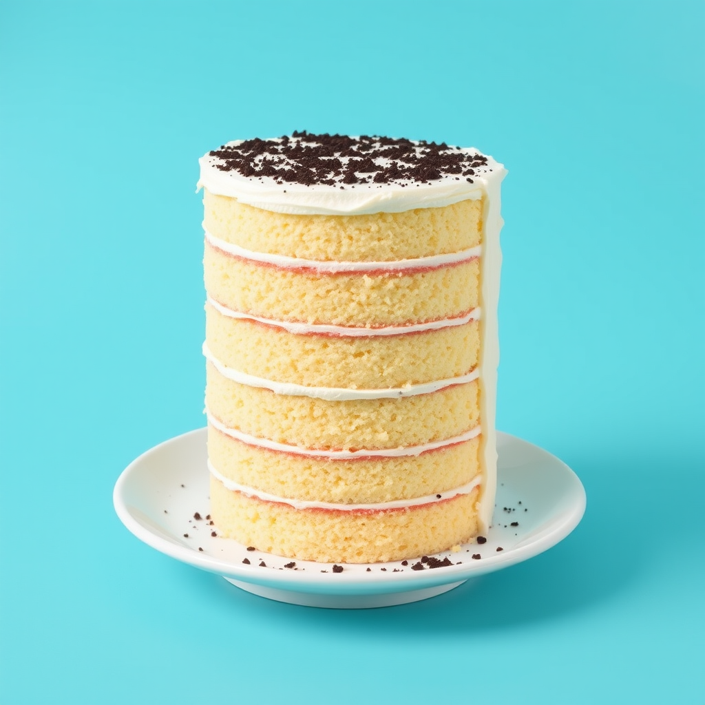 Create an image of a tall, layered cake with light yellow sponge layers and a creamy frosting. The cake should have a textured top sprinkled with chocolate crumbs. Place it on a simple white plate against a vibrant turquoise background.