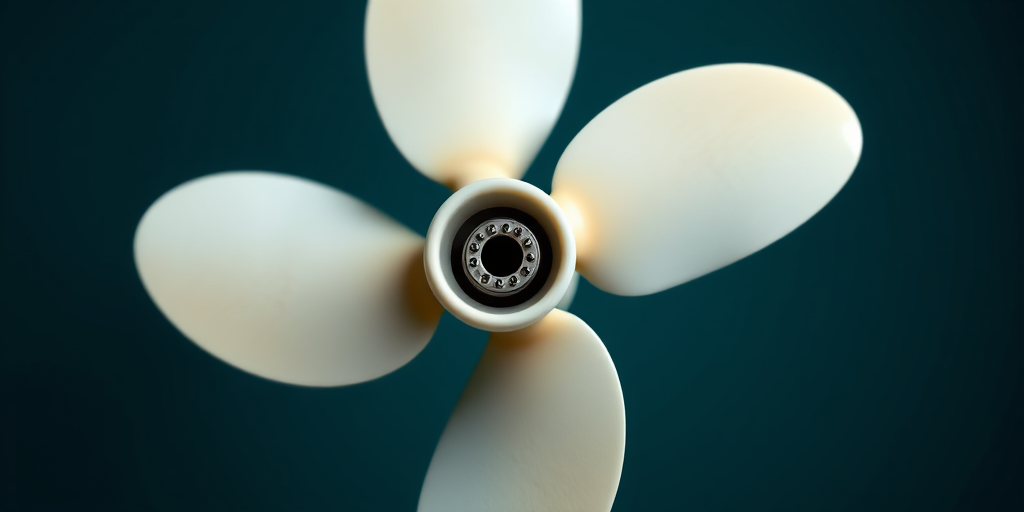 Create a high-resolution image of a three-blade propeller with a circular hub, set against a deep teal background, using a DSLR camera with a 50mm lens, f/2.8 aperture, ISO 100, and a shallow depth of field to enhance the subject's detail.