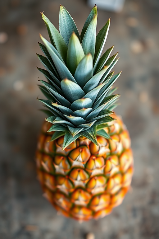 Create a high-resolution image of a pineapple with a soft focus effect, taken with a DSLR camera at f/4 aperture, 50mm lens, ISO 200, in natural light from a top-down angle.