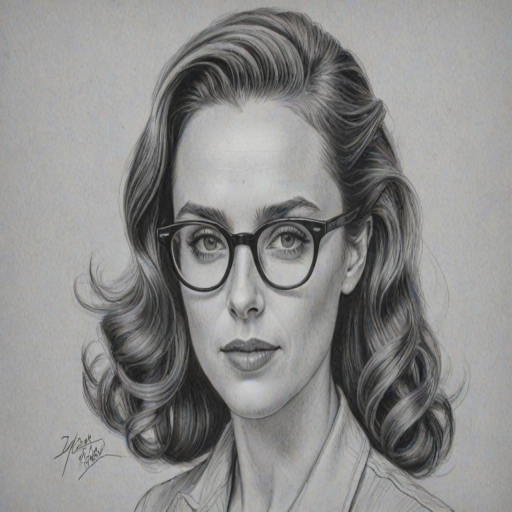 Gorgeous Kerry Condon, pencil sketch, portrait of Exquisite woman 1945s in glasses, hair style beatnik, outline, clear lines, fine lines, 8k