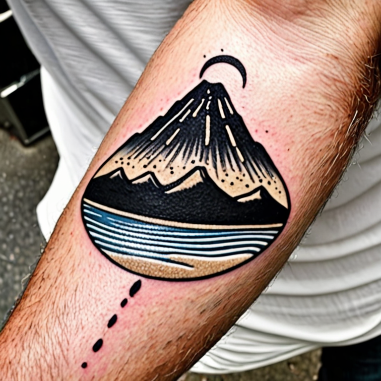 Black and White tattoo of a long island with a sand volcano