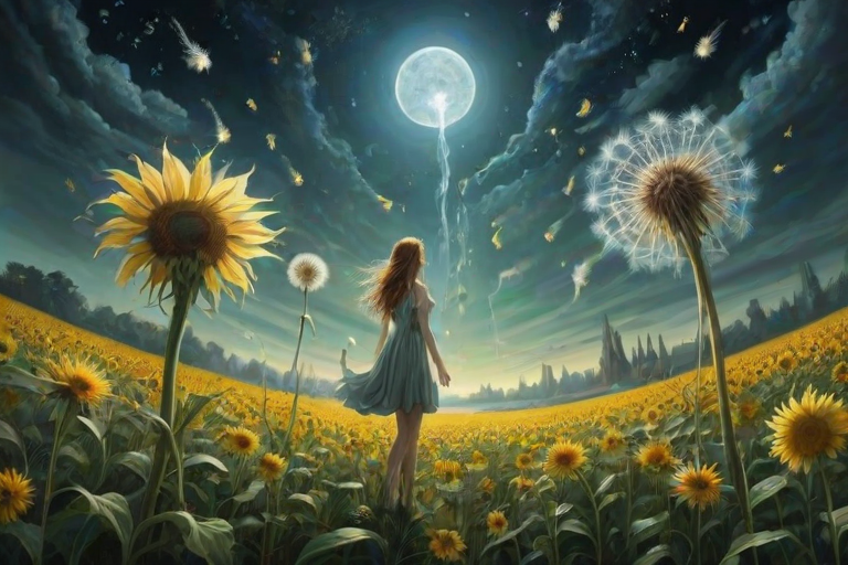 A surreal allegory featuring ethereal fairies, towering sunflowers, and an enigmatic witch, all set within a dreamlike landscape. The scene is dominated by a colossal dandelion, its delicate seeds floating through the air, reminiscent of Yves Tanguy's abstract forms. The environment is a blend of otherworldly elements and natural beauty, with twisted, elongated shapes and surreal colors that evoke a sense of mystery and enchantment.
