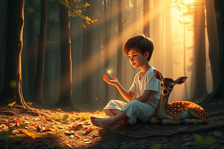 A luminous digital painting of a serene forest scene featuring a barefoot young boy, about 7 years old, with brown hair and fair skin, dressed in a simple white outfit. He sits cross-legged on the forest floor, gazing at a small, glowing, magical firefly in his hand. Beside him, a delicate spotted deer lies calmly on a bed of dried leaves, observing the scene. The dense forest is bathed in warm, golden light filtering through the trees, creating a peaceful, magical atmosphere with a blend of natural and mystical elements.