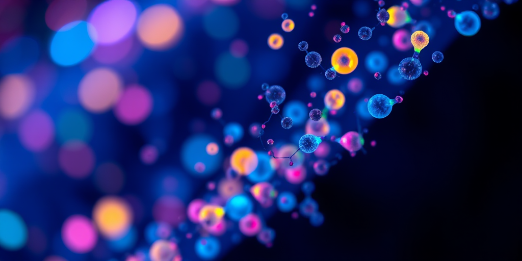 Detailed macro photograph of colorful illuminated particles resembling cells in dark blue background, taken with a DSLR camera, 50mm lens, f/8 aperture, ISO 200, 1/125s shutter speed, with soft-focus effect and high contrast for enhanced clarity.