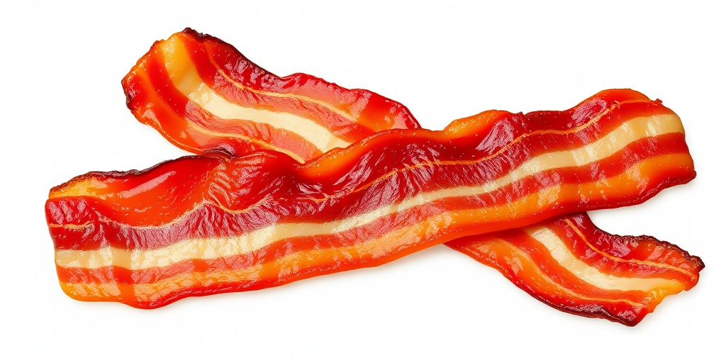 Generate a high-resolution vector image of two crispy bacon strips on a transparent background, shot with a Canon EOS 5D Mark IV, 50mm lens, f/2.8 aperture, and ISO 100 for optimal clarity and detail.