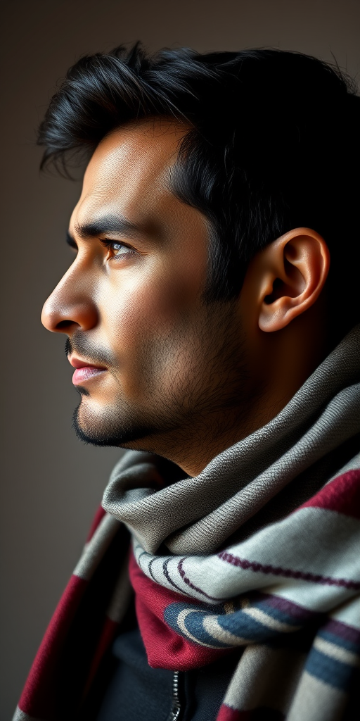 Create a high-quality portrait of a man in profile with a stylish scarf, using a DSLR camera at f/1.8 aperture, 50mm lens, ISO 100, 1/200 shutter speed, with soft, diffused lighting, capturing intricate details and textures.