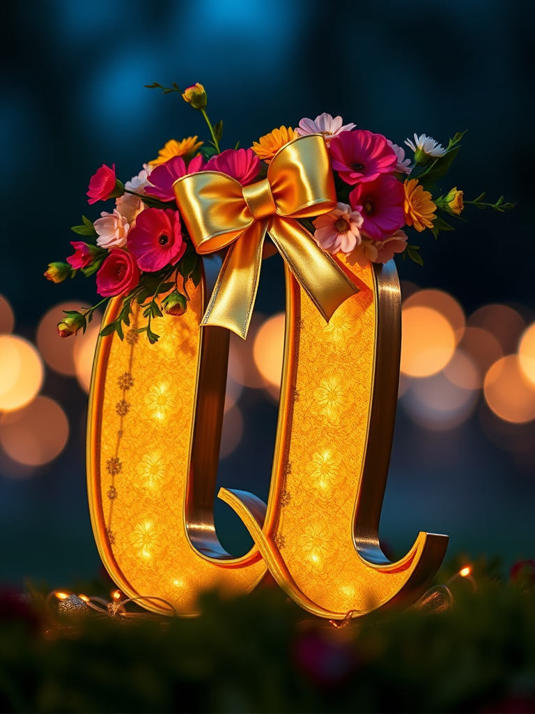 Create a high-resolution image of a golden letter Q adorned with colorful flowers and a bow, using a DSLR camera with a 50mm lens, aperture f/2.8, ISO 100, and a shallow depth of field to enhance the foreground details against a blurred background.