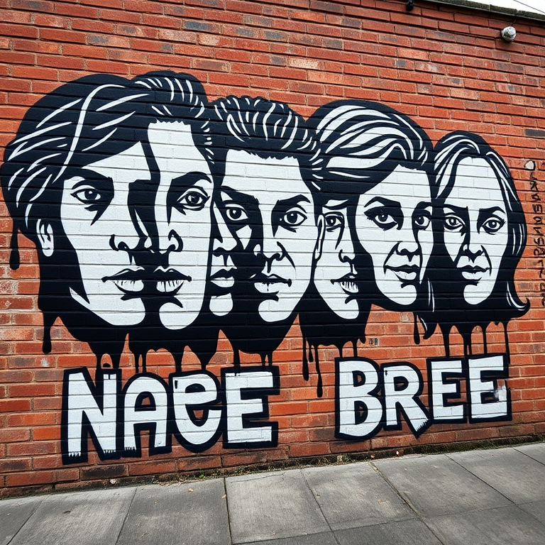 black and white mural of faces and text on a brick wall, high resolution, ISO 200, aperture f/5.6, shutter speed 1/125s, shot from a low angle with a wide lens on a DSLR camera