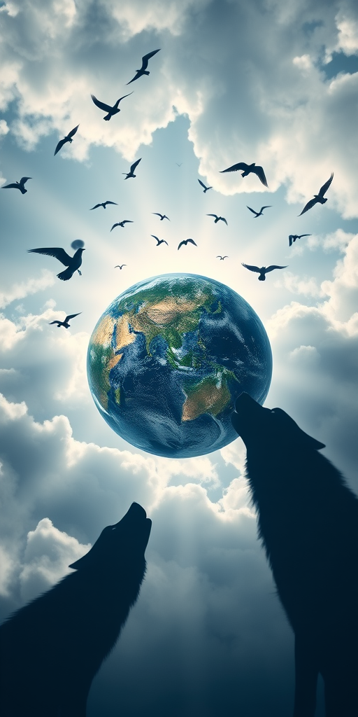 Create a high-resolution image of a poster featuring a 3D globe set against a cloudy sky with flying birds, incorporating the shadows of two howling wolves in an artistic style, shot with a DSLR camera at f/8 aperture, ISO 200, 24mm focal length, in natural light.