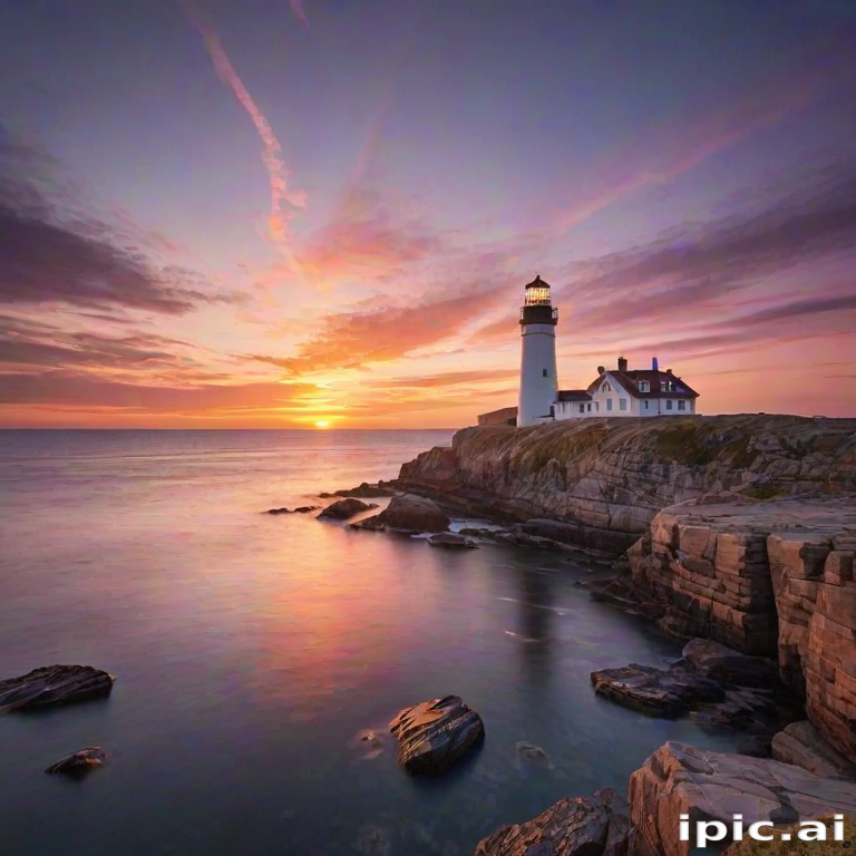 Generate an image of a tall lighthouse perched on a rocky outcrop surrounded by calm ocean waters during a breathtaking sunset. The lighthouse stands sturdy and weathered, its stone surface illuminated by the warm golden light of the setting sun. The sun's rays pass directly through the glass lantern room at the top of the lighthouse, casting a brilliant light across the scene. The sky is painted with vibrant shades of orange, pink, and purple, reflecting off the tranquil sea. The surrounding water shimmers with the same warm hues, creating a serene and majestic atmosphere.