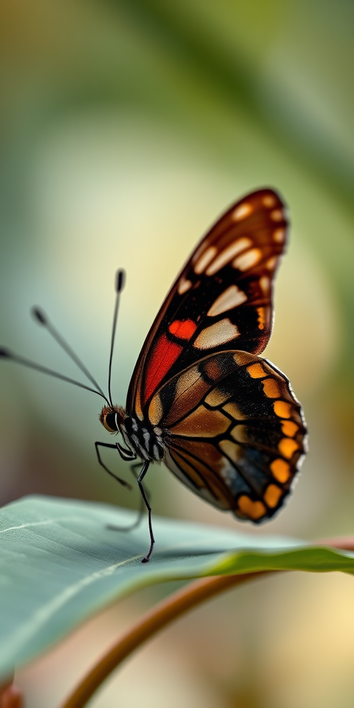 Capture a close-up of a butterfly resting on a leaf, with a shallow depth of field, using a DSLR camera with a 100mm macro lens, aperture set to f/2.8, ISO 100, shutter speed 1/200 sec, natural lighting, and a softly blurred background to emphasize the intricate details of the butterfly's wings.