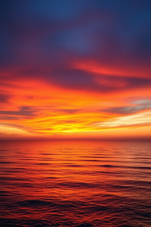 Create a vibrant sunset over a calm ocean, with vivid oranges and purples in the sky reflecting on the water, shot with a Canon EOS 5D Mark IV, 50mm lens, f/8 aperture, ISO 100, and a wide-angle view to capture the expansive horizon.