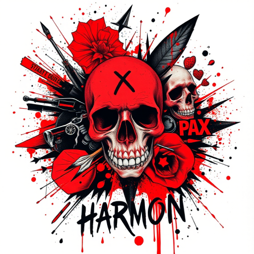 Trash polka tattoo named "Chaotic Harmony" combining bold red and black elements with photorealistic imagery and typographic elements in a dynamic and expressive composition