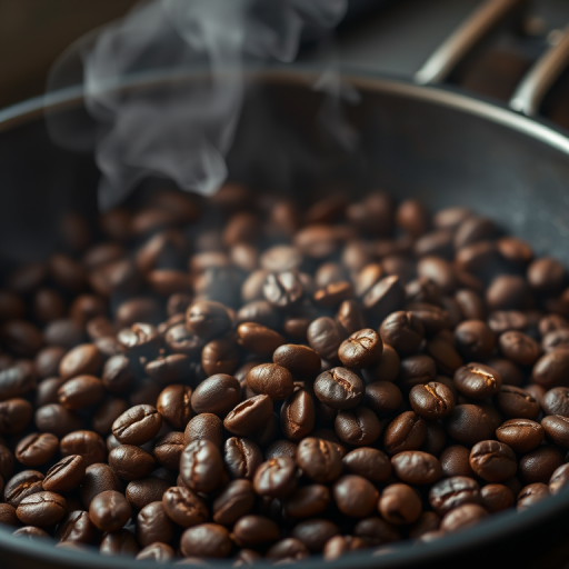 Capture a close-up of coffee beans being roasted in a pan with steam rising, using a Canon EOS R5, 50mm lens, aperture f/1.8, ISO 100, shutter speed 1/200s, natural light, emphasizing texture and movement.