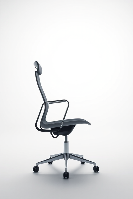 modern office chair on a white background, studio lighting, 50mm lens, aperture f/2.8, ISO 100, shot from a low angle to emphasize the design, high-resolution digital camera