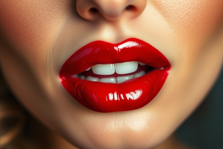 Captivating woman lips featuring a glossy cherry red lipstick, juicy and vibrant, full and pouty, reminiscent of classic Hollywood glamour